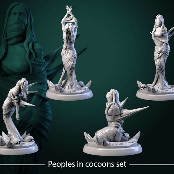 Peoples-in-cocoons-set-32mm-figurines-fantasy-tabletop-RPG-3D-miniatures-white-werewolf-tavern